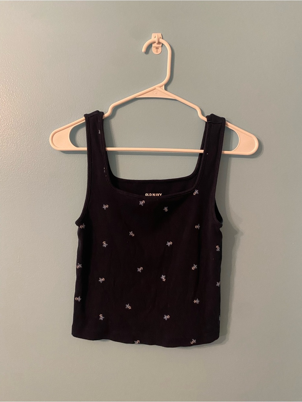 Old Navy Black Ribbed Tank with Tiny White Floral Embroidery